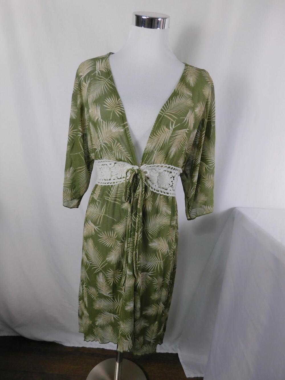 Luna Dress Womens Medium Green Palm Print Crochet Waist Kaftan Kimono Tie Front
